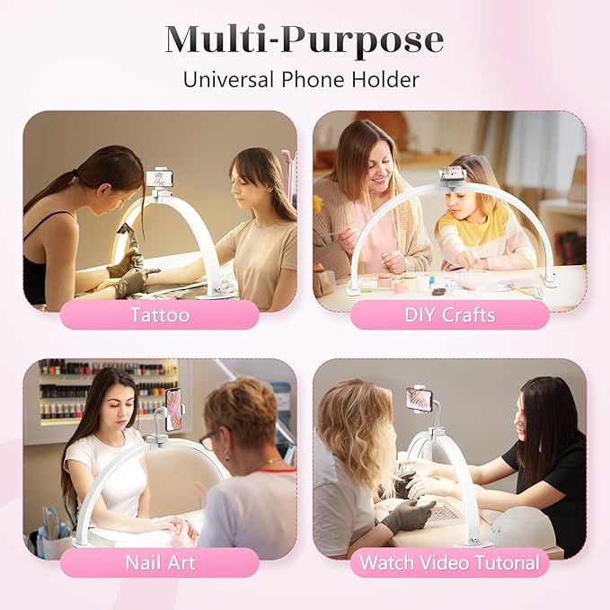 Yokilly Half Moon Light for Nail Desk: 23" Foldable Half Moon Desk Lamp with Phone Holder for Beginner - Arch Nail Tech Light with 3 Color Modes & 10 Brightness for Manicure Salon (White, Small)