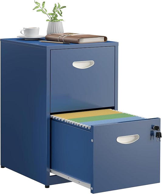 2 Drawer File Cabinet with Lock,Blue Metal Office Drawers Filing Cabinets for Home Office, Two Drawer Under Desk File Cabinet for Hanging Letter,Easy Assemble