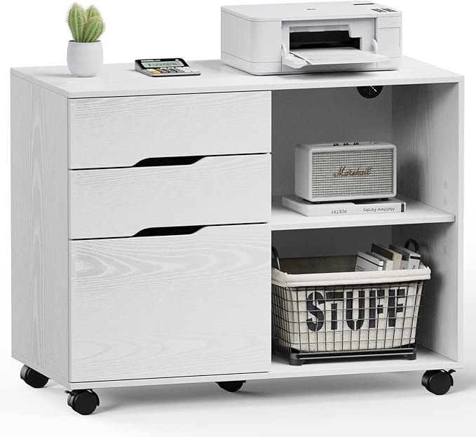 File Cabinet with 3 Drawers, Mobile Lateral Filing Cabinet with Open Storage Shelves for Home Office Under Desk Storage, White