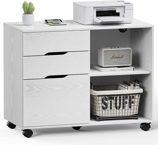File Cabinet with 3 Drawers, Mobile Lateral Filing Cabinet with Open Storage Shelves for Home Office Under Desk Storage, White