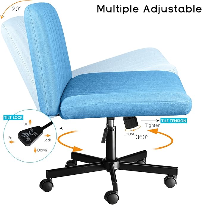PUKAMI Criss Cross Chair with Wheels,Fabric Padded Armless Cross Legged Office Desk Chair for Home Office,Modern Swivel Height Adjustable Wide Seat(Blue)