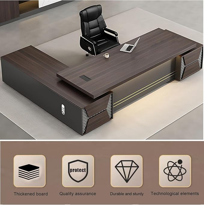 102IN L-Shaped Executive Desk, Executive Office Desk with Sub-Cabinet Storage & Combination Lock Storage Handle & Thickened Tabletop & Multimedia Wire Box & Front Baffle