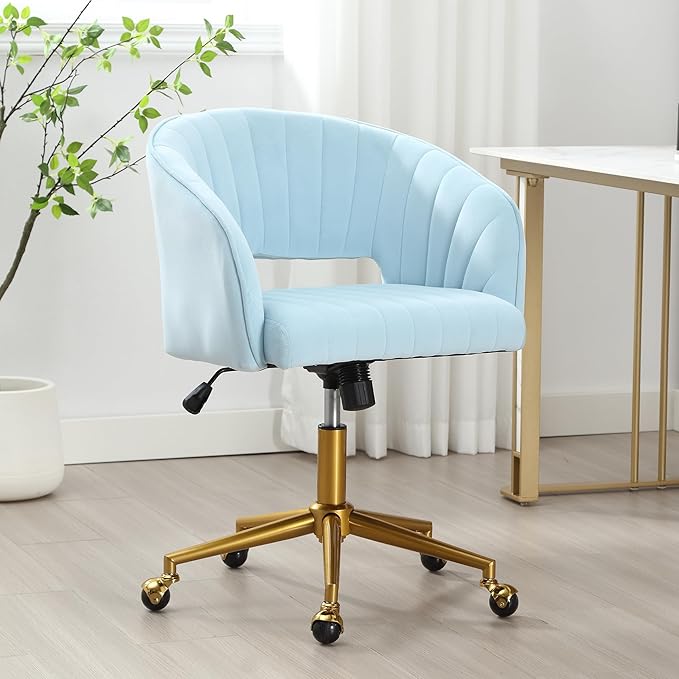 ABET Desk Chair with Wheels, Velvet Home Office Chair, Swivel Armchair Gold Base, Upholstered Modern Accent Chairs, Back Incline Adjustable for Living Room Bedroom Vanity, Light Blue