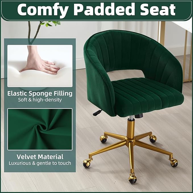 ABET Desk Chair with Wheels, Velvet Home Office Chair, Swivel Armchair Gold Base, Upholstered Modern Accent Chairs, Back Incline Adjustable for Living Room Bedroom Vanity, Dark Green
