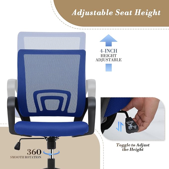 Athena Collection Computer Office Chair, Ergonomic Desk Chair with Rolling Wheels, Mesh Back Support and Height Adjustable, Small and Comfy for Home Office, Study, Blue