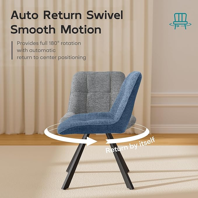 Mid Century Modern Armless Desk Chair No Wheels, Swivel Accent Chair, Velvet Upholstered Swivel Vanity Chair with Back and Metal Legs for Bedroom, Home Office, Ocean Blue