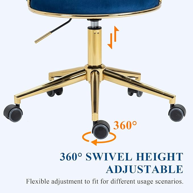 Home Office Chair with Hand Woven, Velvet Upholstered Desk Chair with Open Back, 360° Swivel & Height Adjustable Task Chair, Ergonomic Office Chair with Gold Base (Navy)