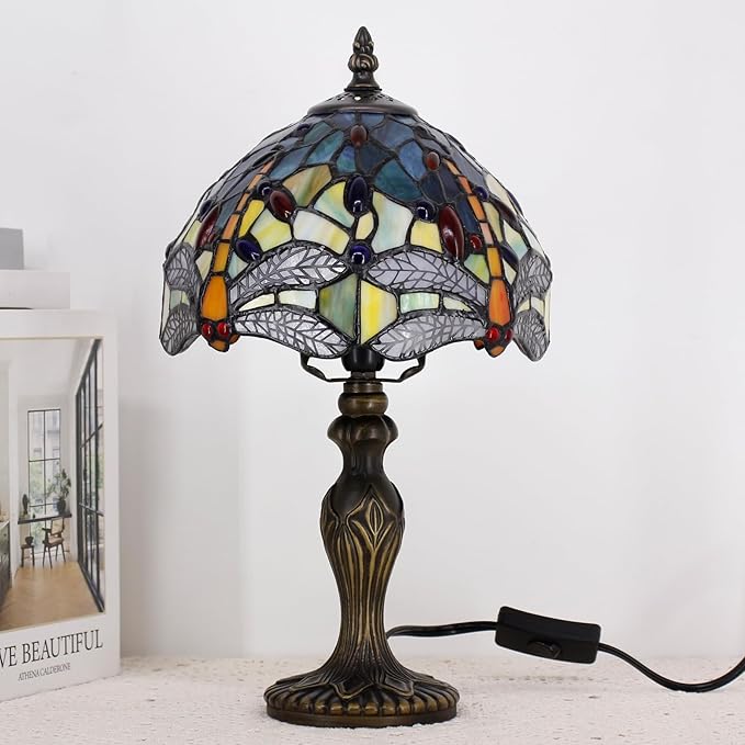 Small Tiffany Lamp Stained Glass Table Lamp Mini Desk Accent Light for Bedroom Bedside Reading Home Antique Style Decor 8X15 Inches (Blue Yellow)