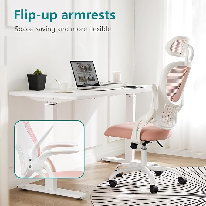 SMUG Office Desk Chair - Ergonomic High Back Computer Task Chair with Comfy Lumbar Support and Adjustable Headest, 360° Swivel, Flip-up Armrest for Home, Bedroom, Gaming, Study, Student, Pink