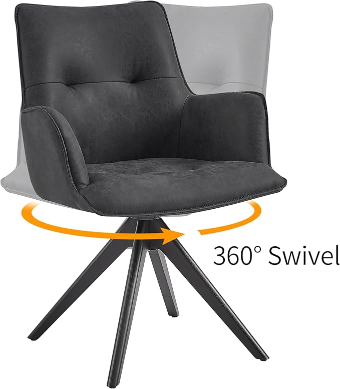 Art Leon Swivel Desk Chair - Faux Leather Upholstered Office Chair No Wheels, Mid Century Modern Armchair with Black Oak Wood Legs for Small Space Living Room Bedroom, Black