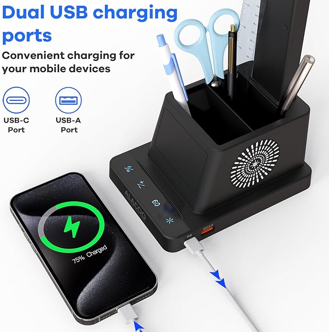 LED Desk Lamp for Office Home, Eye-Caring Desk Light with USB Charging Port & Phone Holder, 3 Color X 4 Brightness, Adjustable Arm, Touch-Control Lamp with RGB Pen Holder for Reading, Bedroom (Black)