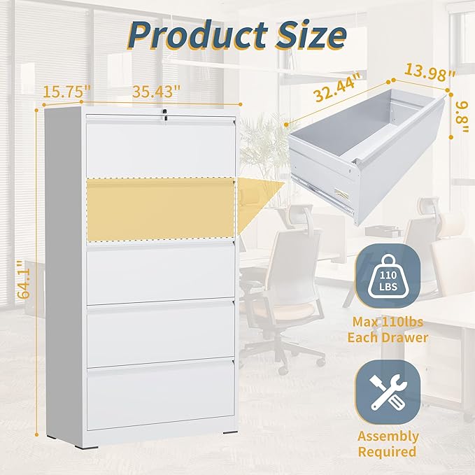5 Drawer File Cabinet with Lock, Lateral Filing Cabinets,Metal Storage Filing Cabinets for Home Office, Heavy Duty File Cabinet for Letter/Legal/A4/F4 Size Amssebly Required, White