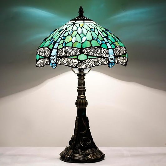 Tiffany Stained Glass Table lamp 12X12X19 Inch Green Dragonfly Style Desk Bedroom Living Room Reading Light (Green Dragonfly)