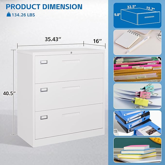 Lateral File Cabinet 3 Drawer,Metal Storage File Cabinet with Lock,Steel Lateral File Cabinet for Legal/Letter A4 Size,Wide File Cabinet for Office Home,Assembly Required