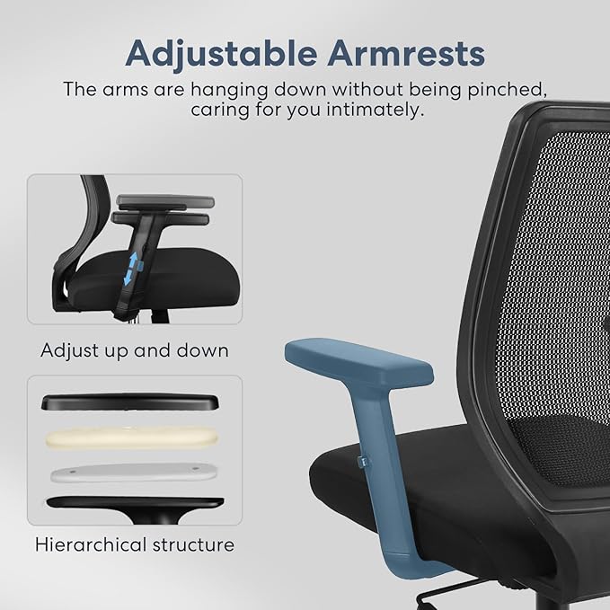 Ergonomic Office Chair Home Mesh Desk Chair with Adjustable Arms - Mid Back Computer Chairs for Adults - Swivel Task Chair Comfortable for Home Office (Black)