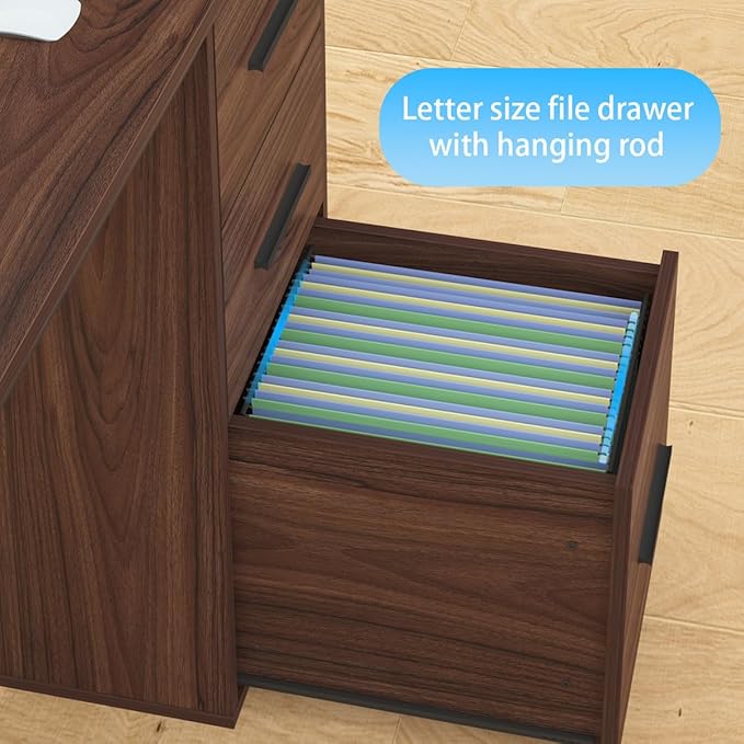 HSH Large L Shaped Executive Desk with Drawers, Home Office Metal Wood Computer Desk for Work Writing Study Gaming, Rustic L-Shaped Walnut Desk Table with File Drawer, Storage Cabinet Shelves, 59 in