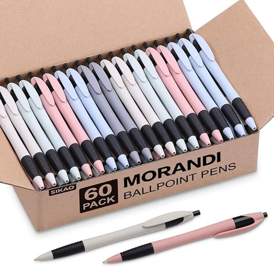 Pens Bulk, 60Pack Morandi Gripped Slimster Bulk Ballpoint Smooth Writing No Smear, Black Ink 1.0mm, Wholesale Click Retractable Server Pens, School Office Supplies
