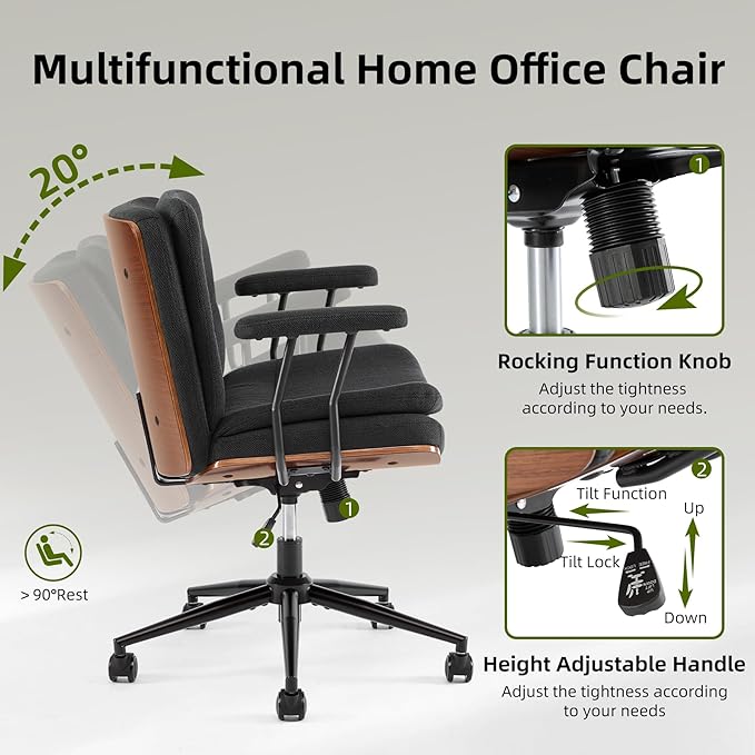 Criss Cross Chair with Armrests & Wheels, Linen Fabric Adjustable Swivel Walnut Task Chair with Wide Seat, Ergonomic Mid Back Computer Office Desk Chairs for Meeting Room, Home