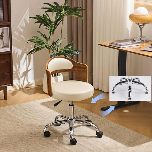 VINGLI Armless Home Office Desk Chair, Adjustable Swivel Chair,Dual-Use with/no Wheels,Small Retro Designed Walnut Curved Task Chair,Cushioned Nail Tech Chair for Study Area,Workspace,PU,Ivory White