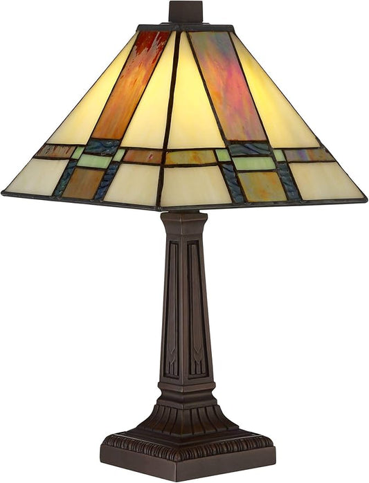 Robert Louis Tiffany Morris Mission Antique Tiffany Style Mini Accent Table Lamp LED 14 1/4" High Warm Brown Art Deco Stained Glass Shade Decor for Bedroom House Bedside Nightstand Home Office