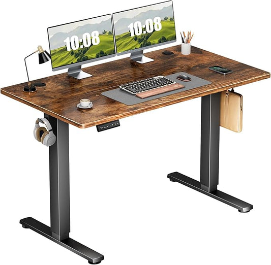 Sweetcrispy Electric Adjustable Height Standing Desk - 48 x 24 inch Sit to Stand Up Desk with Splice Board, Rising Home Office Computer Table with 2 Hook and Wire Hole for Work
