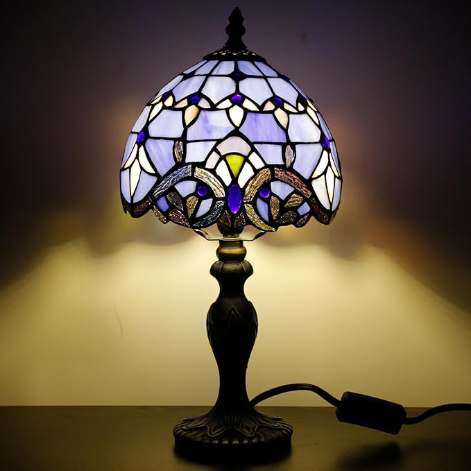 Small Tiffany Lamp Stained Glass Table Lamp Mini Desk Accent Light for Bedroom Bedside Reading Home Antique Style Decor 8X15 Inches (Blue Baroque)