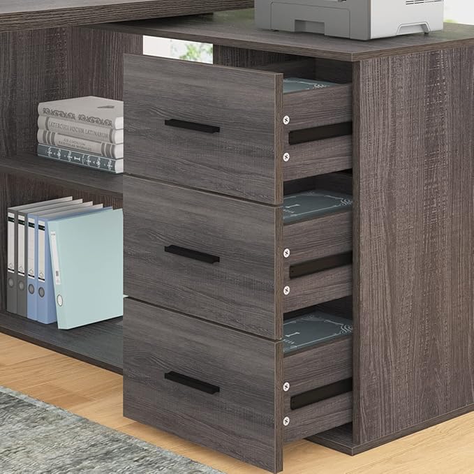 HSH L Shaped Computer Desk with Drawers, 360 Rotating L Shape Desk with Storage Cabinet Shelves, Industrial Home Office Desk for Executive Writing Study Work, Dark Wood Table Swivel Desk, Gray 55 Inch