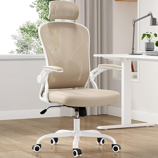 Farini Ergonomic Office Chair, Home Office Desk Chair with Headrest, High Back Computer Chair with Armrests and Adjustable Lumbar Support for Home Office Study Room, White & Khaki