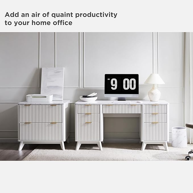 T4TREAM 60'' Fluted Executive Desk with Drawers, Modern Home Office Computer Desk with Charging Station, Keyboard Tray, File Drawer and Storage Cabinet for Study, Living Room, Bedroom, Solid White