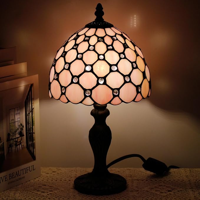 Small Tiffany Lamp Stained Glass Table Lamp Mini Desk Accent Light for Bedroom Bedside Reading Home Antique Style Decor 8X15 Inches (Pink)
