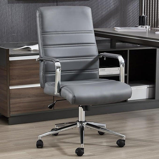 Office Desk Chair Leather, Conference Room Chairs with Wheels, Modern Executive Office Chairs Adjustable Height, Ergonomic Swivel Rolling Ribbed Computer Chair(Grey)