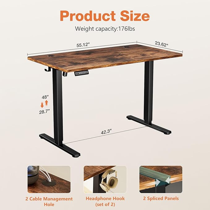 Sweetcrispy Electric Standing Desk Adjustable Height, 55x24 Inch Sit Stand Up Home Office Desks Computer Workstation PC Work Table with 3 Memory Preset Splice Wood Board Metal Frame, Rustic