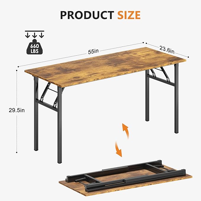 sogesfurniture Folding Computer Desk Office Desk 54.3 inches, Modern No Assembly Laptop Workstation Desk for Small Space, Multifunction Gaming Study Writing Table for Home Office, Rustic Brown
