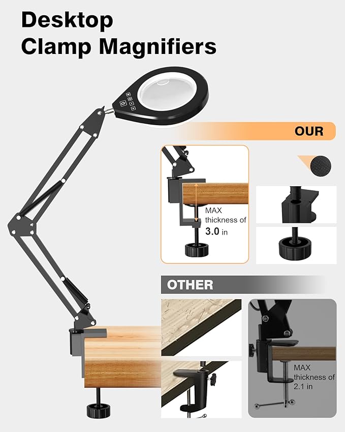 Lighted Magnifying Glass, 10X & 5X Magnifying Glass with Light, Dimmable Magnifier with Lamp, Adjustable 10 Level Brightness and 5 Color Desktop Clamp Magnifiers for Craft Painting Workbench (White)
