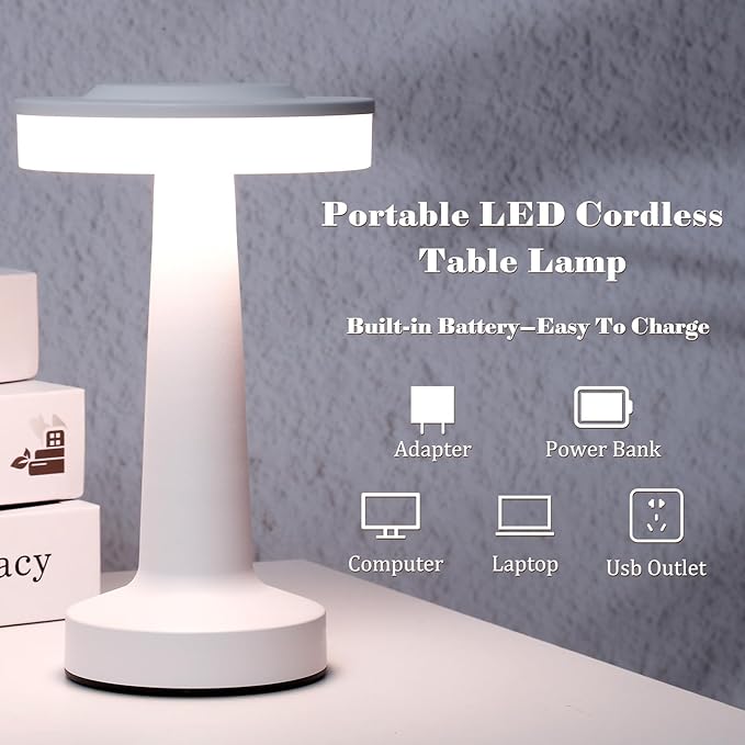 Riakrum Set of 2 LED Portable Cordless Table Lamp with Touch Sensor 3 Color Stepless Dimming Rechargeable Battery up to 15 Hours Cordless Table Light Wireless Lamp for Nursery(White,2 Pcs)