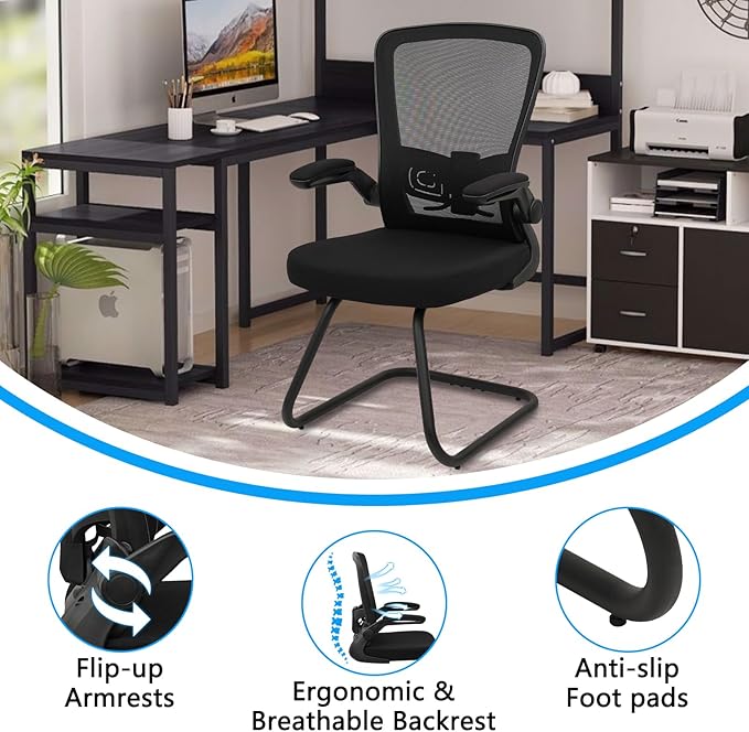 CLATINA Office Guest Chair no Wheels, Ergonomic Mesh Desk Chair Adjustable Lumbar Support and Flip Up Arms, Sled Base for Office Guest & Reception Chairs for Conference Room,Black (1PK)