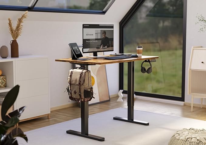 Claiks Electric Height Adjustable Stand Up Desk, 35x20 Inches Sit Stand Desk for Home Office, Rustic Brown Top/Black Frame