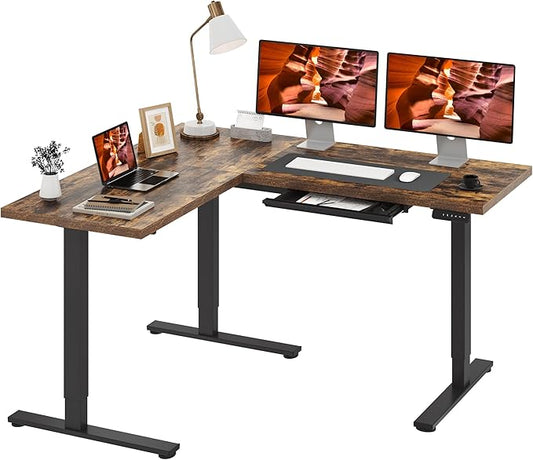 L-Shaped Standing Desk, 63 x 55 Inches Height Adjustable Desk with Storage, Sit and Stand up Desks, Ergonomic Rising Computer Table for Home Office with Splice Board, Rustic Brown