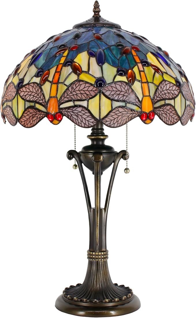 Tiffany Table Lamp Blue Yellow Stained Glass Desk Lamp 16X16X24 Inches Dragonfly Style Reading Light