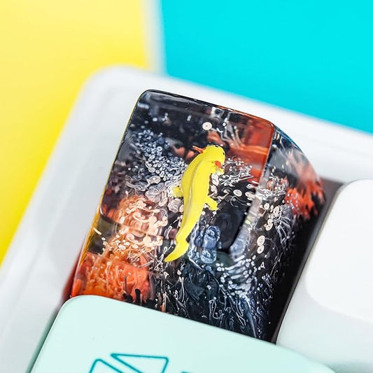 Yellow Axolotl in Red Black Ocean Coral Artisan Keycap R1 SA Profile Custom Animal Keycaps 1U ESC Handmade Gaming Resin Key Cap Cherry MX Switch Compatible Mechanical Keyboard Axolotl Lover Gift