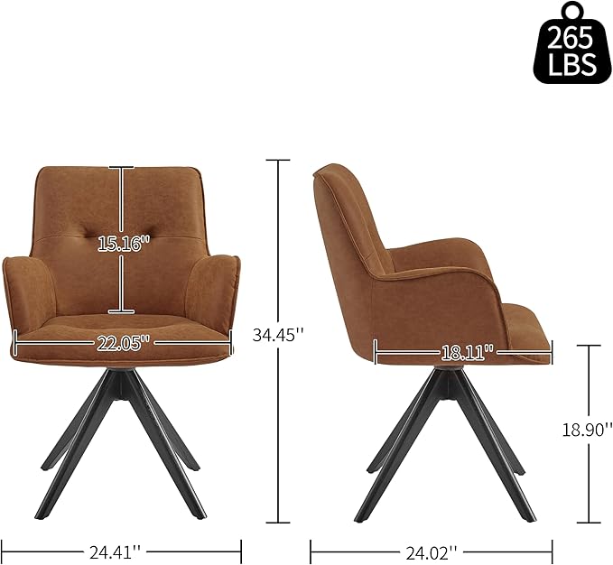 Art Leon Mid Century Desk Chair - Faux Leather Upholstered Office Chair No Wheels, Swivel Accent Chair with Black Oak Wood Legs for Small Space Living Room Bedroom, Set of 2, Brown