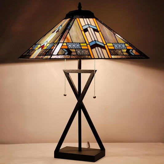 Tiffany Table Lamp Stained Glass Blue Cloudy Mission Style Desk Reading Light 16X16X25 Inch