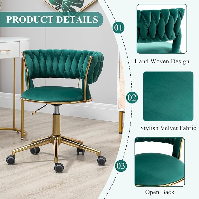 Home Office Chair with Hand Woven, Velvet Upholstered Desk Chair with Open Back, 360° Swivel & Height Adjustable Task Chair, Ergonomic Office Chair with Gold Base (Emerald)