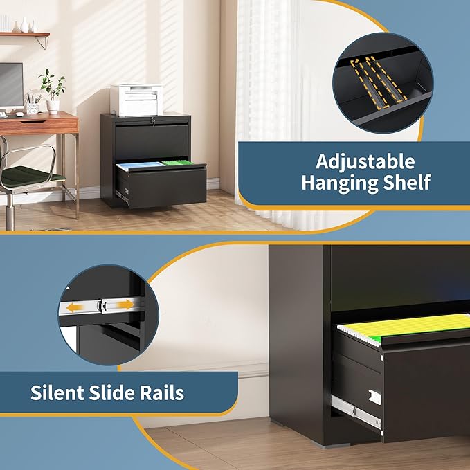 2 Drawer File Cabinet with Lock, Lateral Filing Cabinets,Metal Storage Filing Cabinets for Home Office, Heavy Duty File Cabinet for Letter/Legal/A4/F4 Size, Amssebly Required, Black