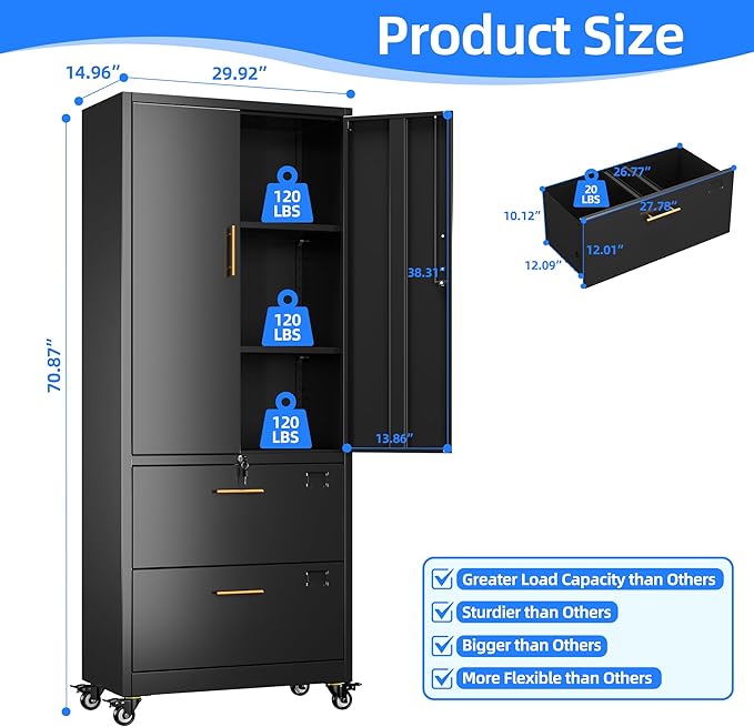 METAN Metal File Cabinet with 2 Drawers and 2 Shelves,Office Filing Cabinet on Wheels with Lock,Office Storage for Letter/Legal Size,Assembly Required,Black