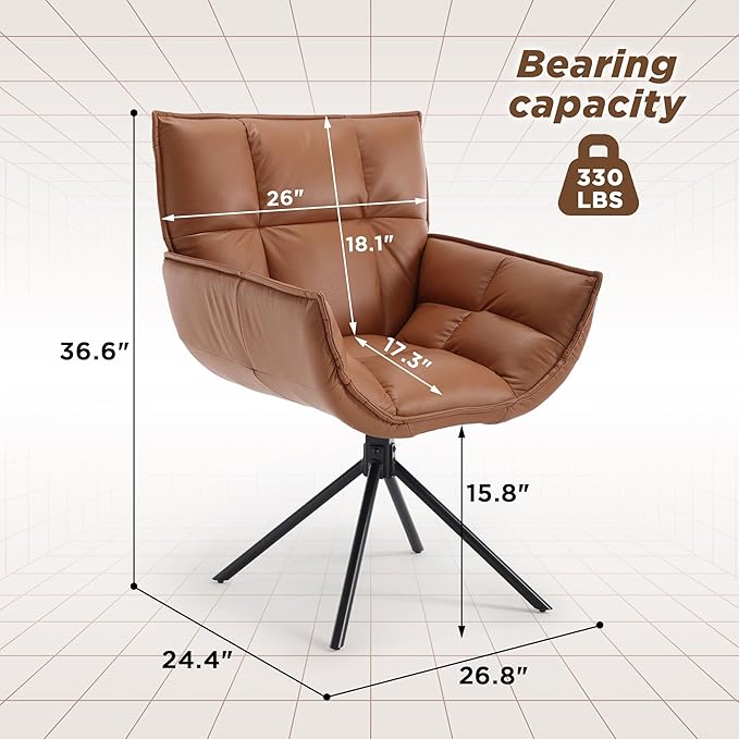 Desk Chair No Wheels, 360° Swivel Mid Century Modern Desk Chairs, Upholstered Faux Leather Swivel Accent Chair with Arms, Criss Cross Office Chair Without Wheels(Brown, x2)