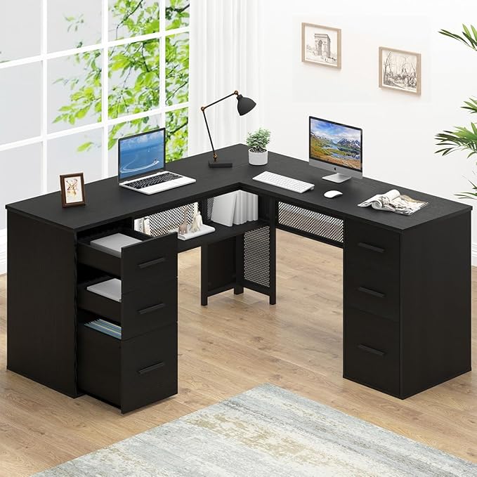 HSH Black L Shaped Desk with File Drawers Shelves, Reversible Corner Metal Wood Computer Desk with Storage Cabinet, Modern Large Executive Work Writing Study Table for Home Office Bedroom, 59 Inch