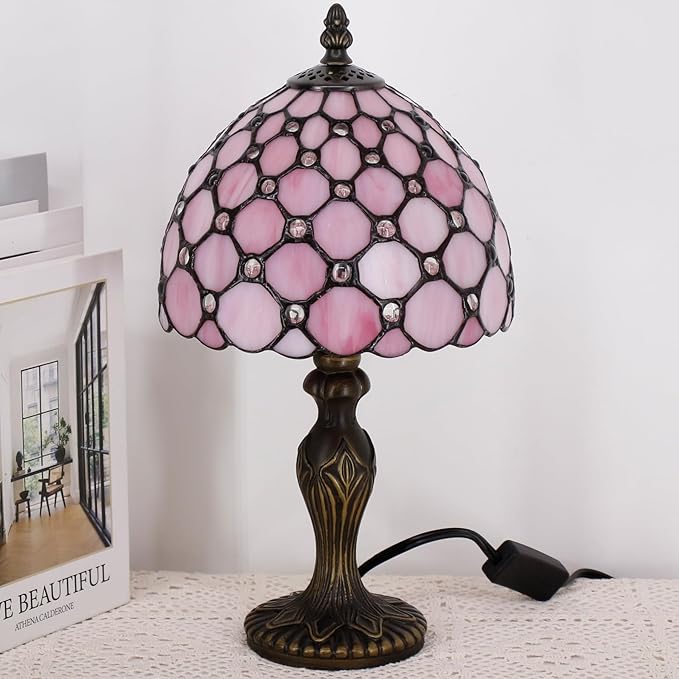 Small Tiffany Lamp Stained Glass Table Lamp Mini Desk Accent Light for Bedroom Bedside Reading Home Antique Style Decor 8X15 Inches (Pink)