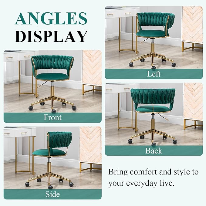 Home Office Chair with Hand Woven, Velvet Upholstered Desk Chair with Open Back, 360° Swivel & Height Adjustable Task Chair, Ergonomic Office Chair with Gold Base (Emerald)
