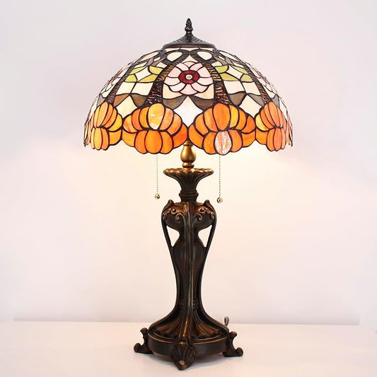 Tiffany Stained Glass Table lamp 16X16X24 Inch Orange Flower Style Desk Bedroom Living Room Antique Reading Light (Orange Flower)